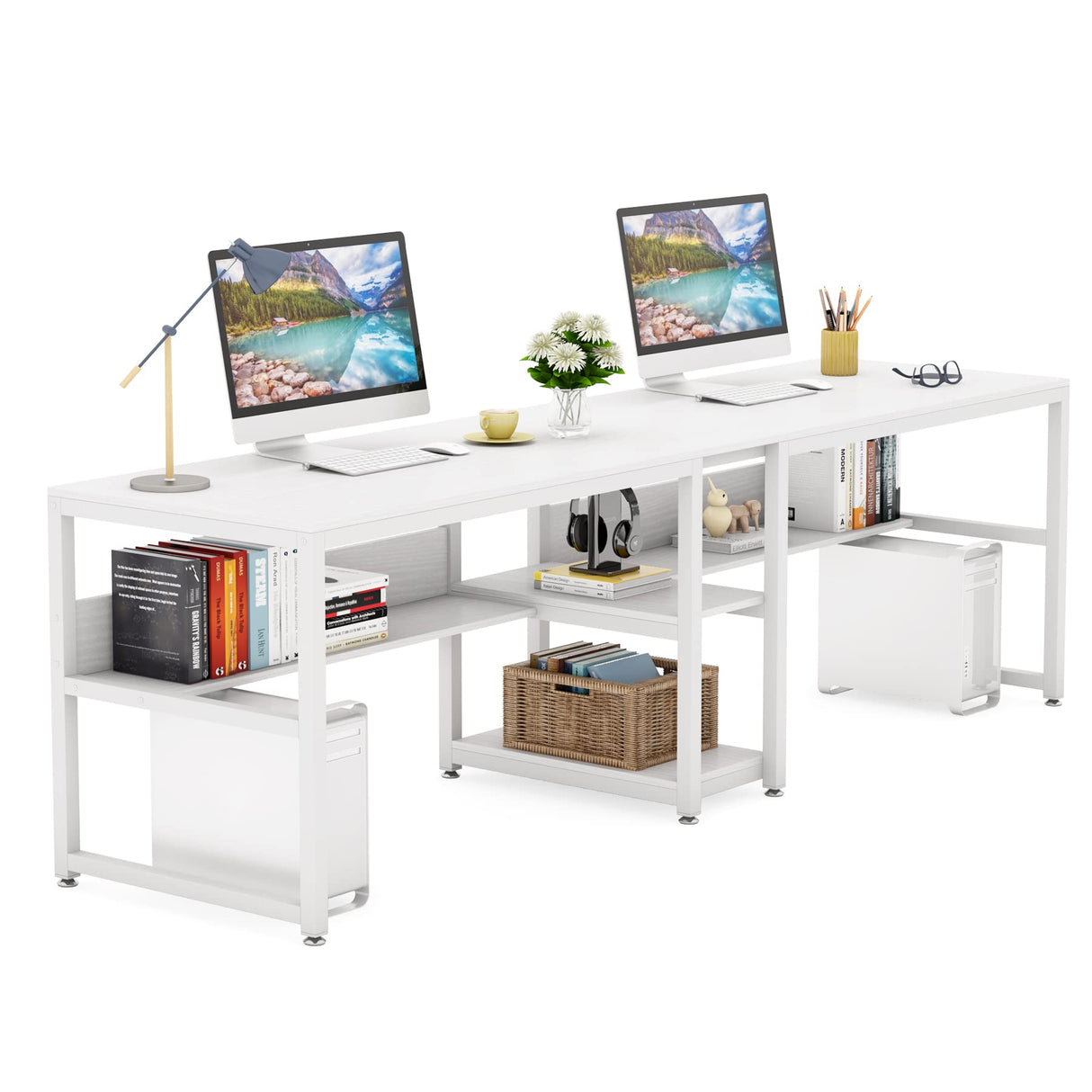 Tribesigns 78-Inch Rustic Double Desk with Bookshelf for Two-Person Workstation in White Tribesigns