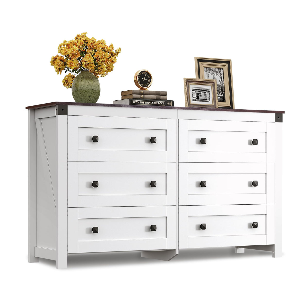 WLIVE Farmhouse 6 Drawer Dresser for Bedroom, 53.07'' Wide Wood Dresser, White Dressers Storage Organizer with Double Rustic Handle, TV Stand for 60 inch TV, Chest of Drawers for Living Room, Hallway WLIVE