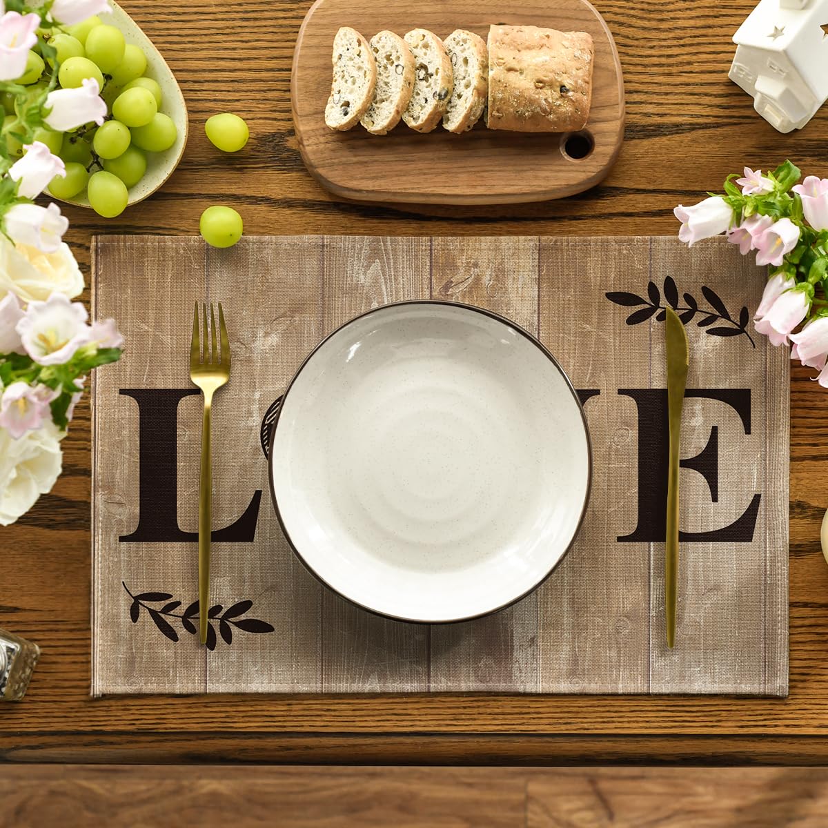 Artoid Mode Wood Love Family Home Together Buffalo Plaid Placemats Set of 4, 12x18 Inch Farmhouse Table Mats Party Kitchen Dining Decoration Artoid Mode