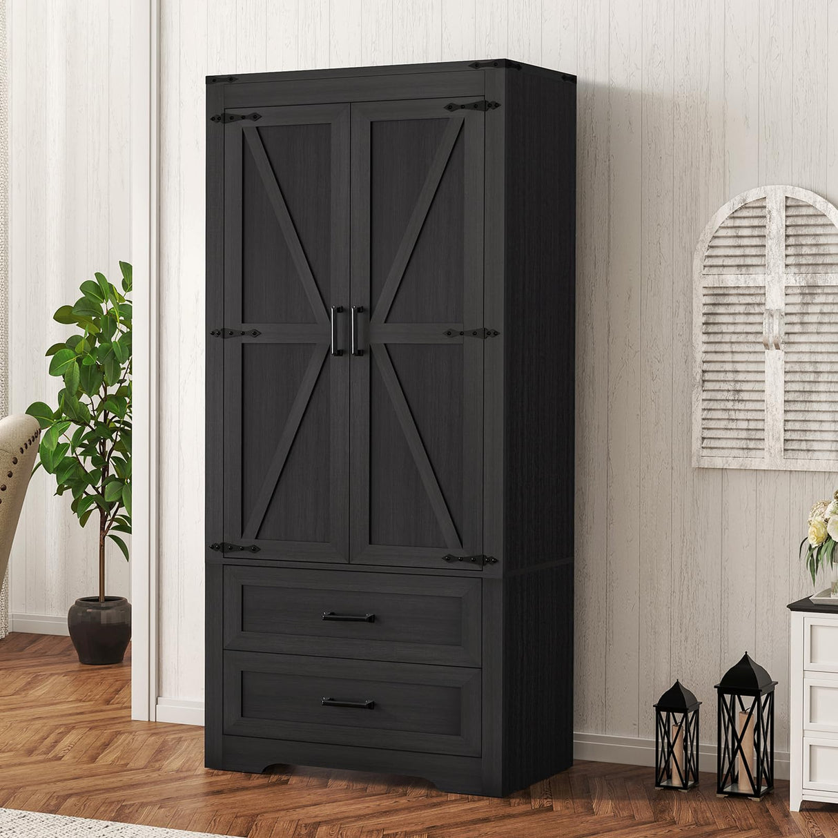 Quimoo 71" Farmhouse Tall Storage Cabinet with Barn Doors, Kitchen Pantry Cabinet with 2 Drawers & Adjustable Shelf, Pantry Storage Cabinet, for Kitchen, Living Room, Dining Room, Black Quimoo