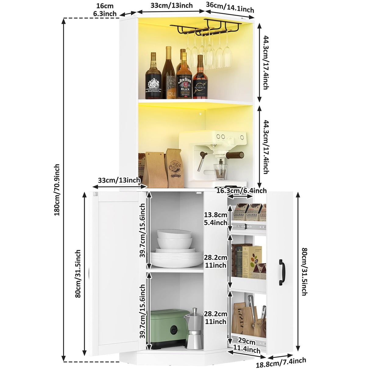 Bigbiglife 71" Corner Bar Cabinet with Power Outlet, Home Bar with LED Light and Glass Holder, Liquor Cabinet Bar Unit with Drawer for Home, Corner Display Cabinet for Living Room, Dining Room Bigbiglife