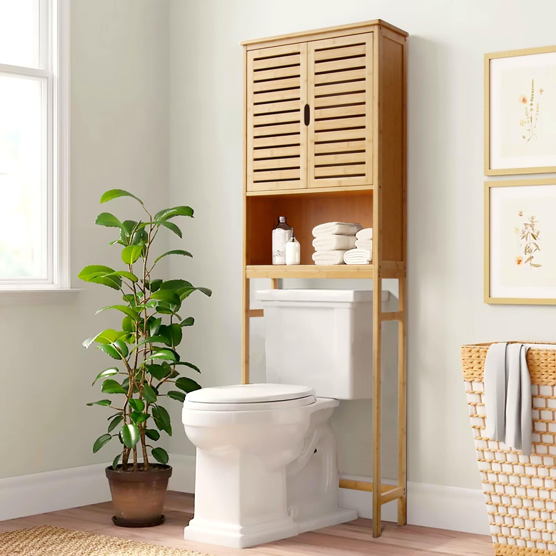 VEIKOU Natural Bamboo Over The Toilet Storage Cabinet with Removable Shelves - WoodArtSupply