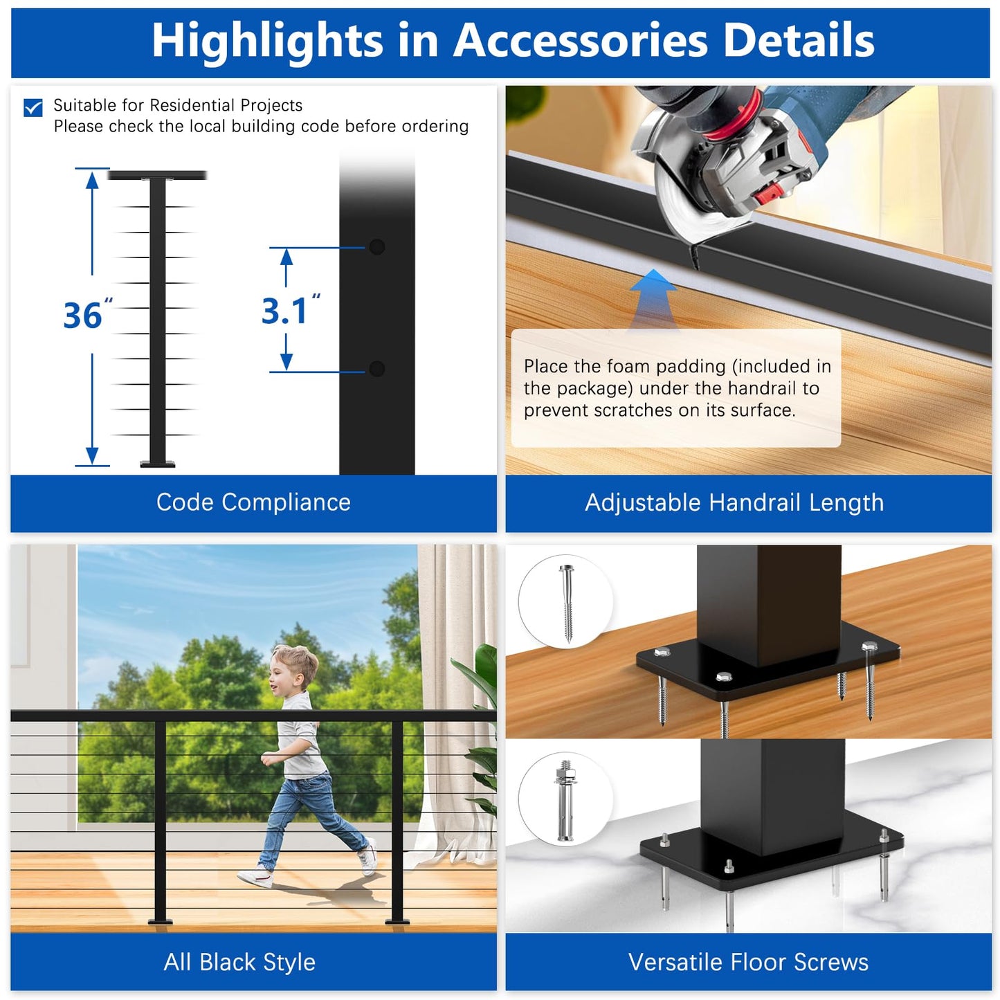 Zylorix 8ft-12ft Complete Set Cable Railing System 36", Black T304 Stainless Steel Cable Railing Posts Kit with Adjustable Handrail Cable Rail, Super Easy DIY for Indoor Outdoor Level Decks