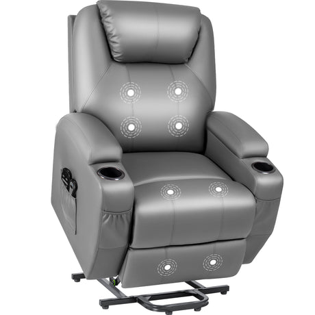 JUMMICO Power Lift Recliner Chair with Massage for Elderly PU Leather Modern Reclining Sofa Chair with Cup Holders, Remote Control, Adjustable Furniture (Gray) JUMMICO