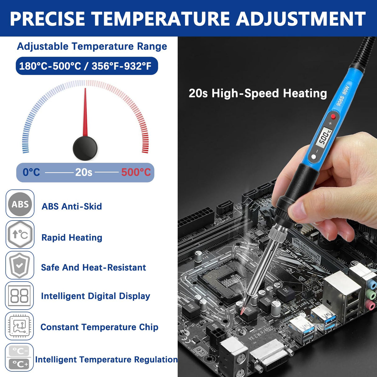 Soldering Iron Heat Set Insert Tool, 80W 110V LCD Digital Soldering Welding Iron Kit with Iron Tips and Heat Set Insert Tips, 16-in-1 Adjustable Temperature 180-500℃ Solder Kit, Blue Lunamor