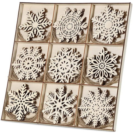 wohohoho 45Pcs 9 Designs Wooden Snowflakes Ornaments for Christmas Crafts, 3.5" Unfinished Snowflake Decorations Wood Cutouts with Twine, Wood Crafts for Christmas Tree Boho Christmas Decor Gift Tags wohohoho