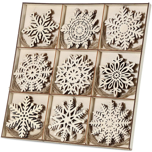 wohohoho 45Pcs 9 Designs Wooden Snowflakes Ornaments for Christmas Crafts, 3.5" Unfinished Snowflake Decorations Wood Cutouts with Twine, Wood Crafts for Christmas Tree Boho Christmas Decor Gift Tags