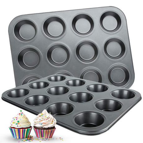 Muffin Pan, 12 Cupcake Pan, 2 Sets of Nonstick Brownie Bakeware Muffin Tin, Cupcake Tray, Baking Pan for Kitchen Oven, Black 13.9 x 10.5 x 1.2 inches Cemueo