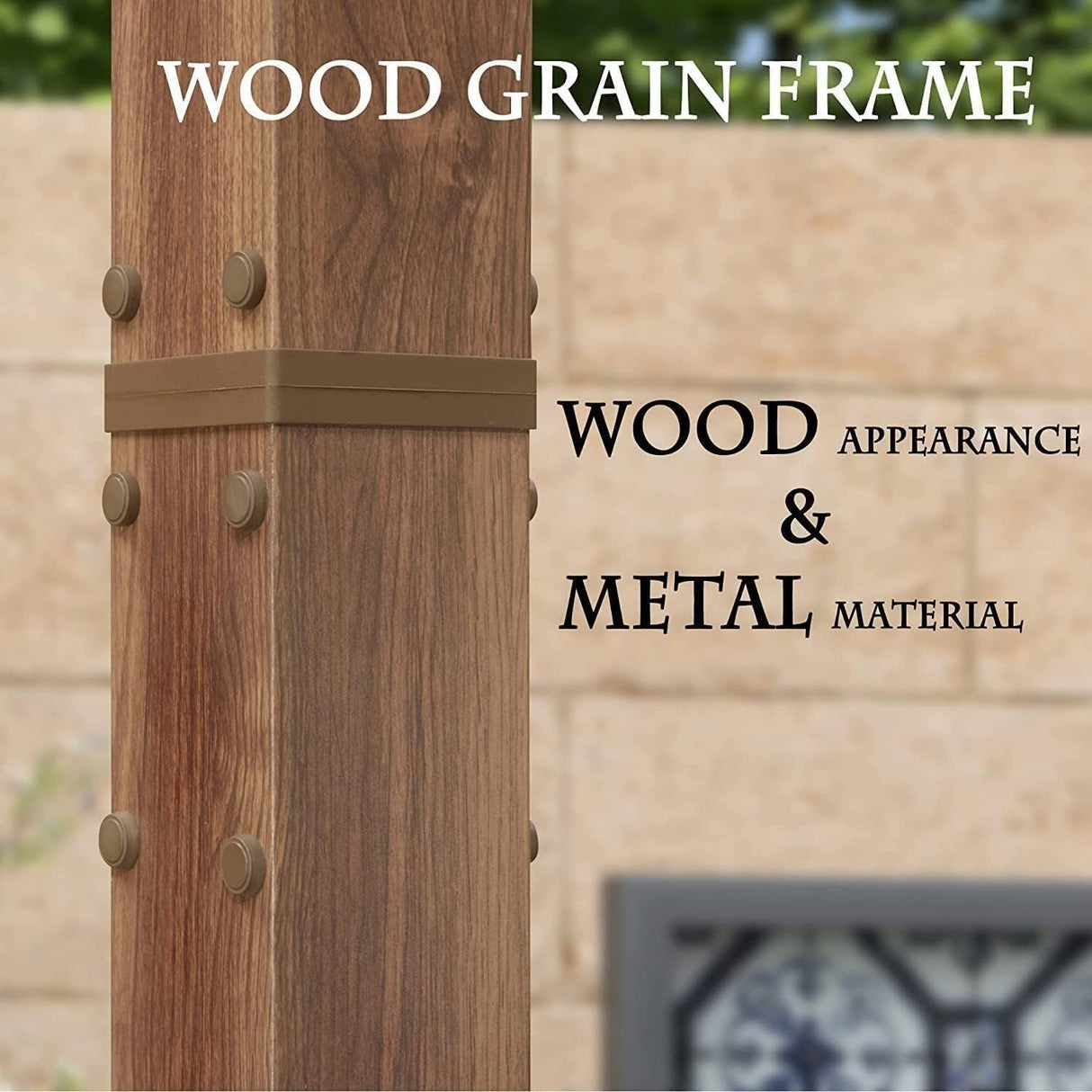 PURPLE LEAF 10' x 13' Outdoor Retractable Pergola with Sun Shade Canopy Patio Metal Shelter for Garden Porch Pavilion Natural Wood Grain Frame Modern Yard Grill Pergola with 24 LED String Lights Khaki PURPLE LEAF