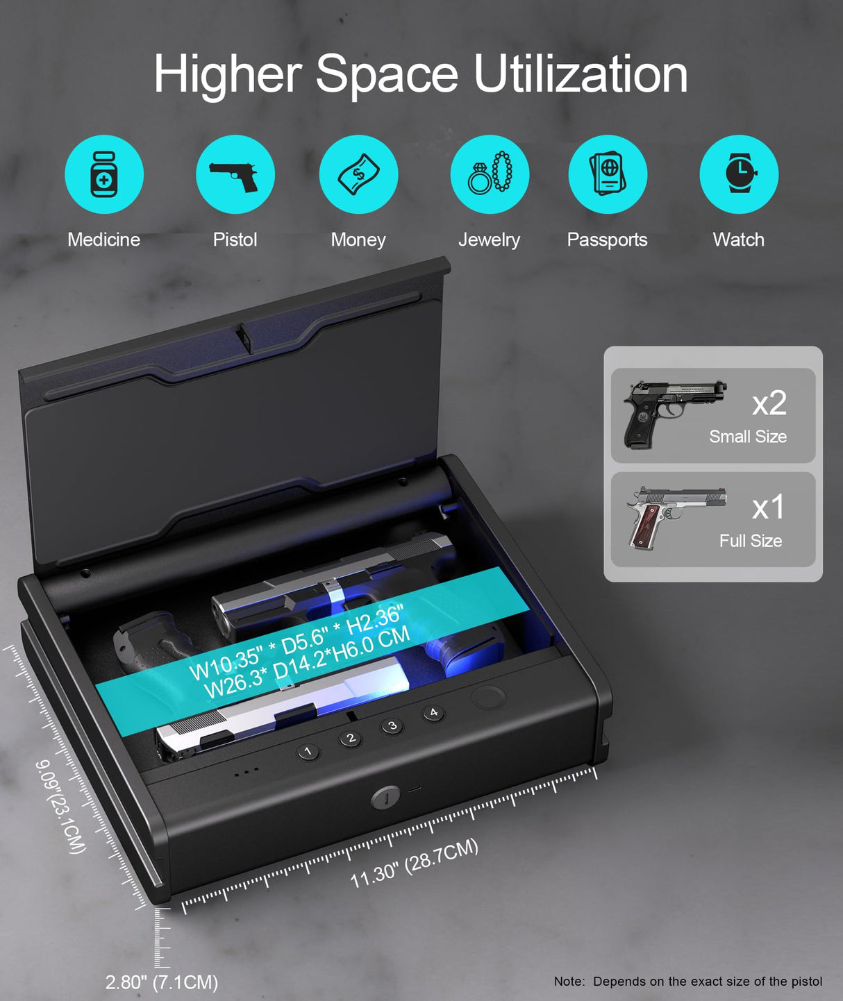 PINEWORLD Gun Safe For Handgun, Gun Case, Biometric Gun Safe For Car, Pistol Safes With Fingerprint|Passcode|Key Unlock, Full Voice Prompt Gun Lock Box with Cable, Charging Port PINEWORLD