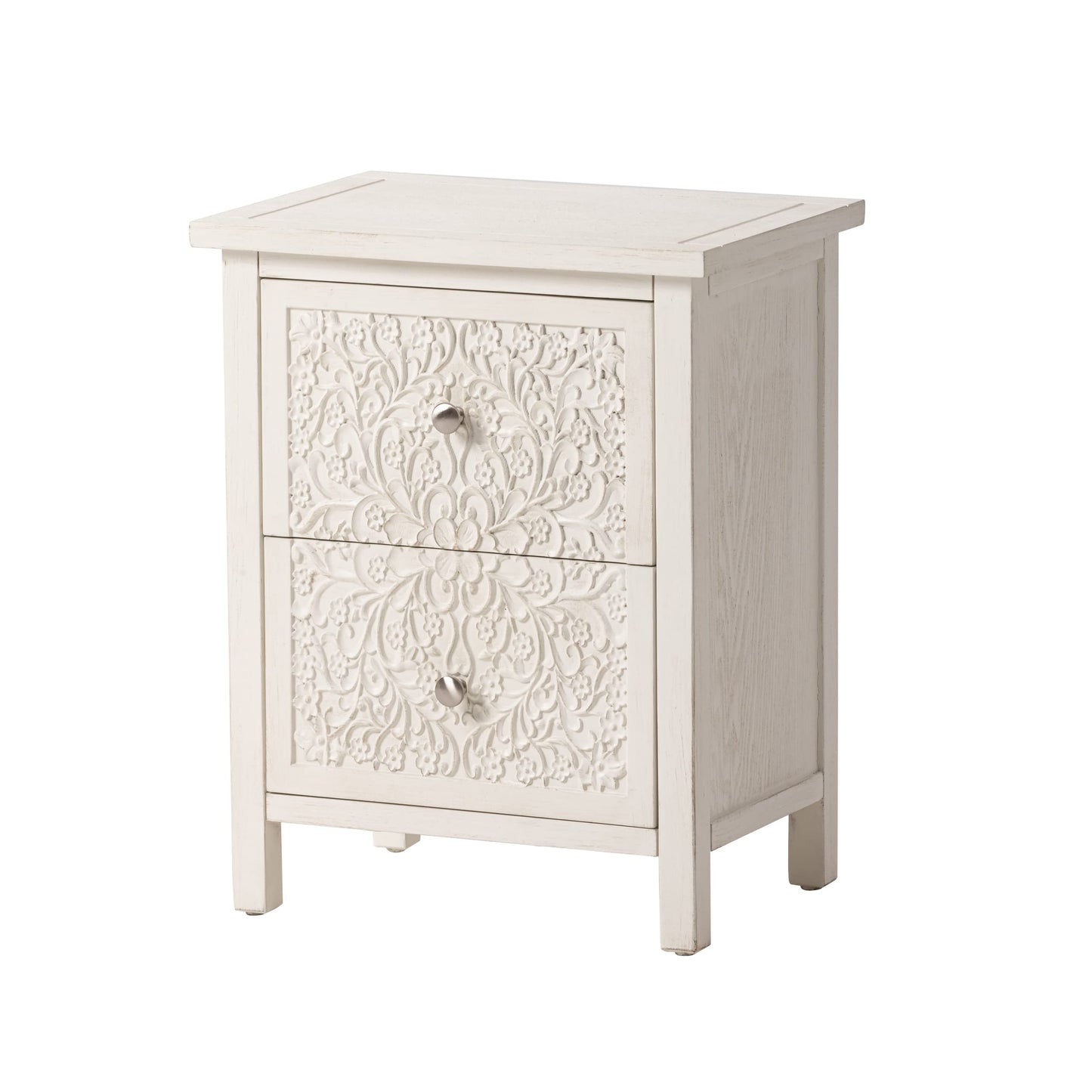 COZAYH Farmhouse Fully-Assembled Nightstand with 2-Drawer, Flower Motif End Table for Small Spaces, French Country, Modern, Distressed Finish, White-Washed