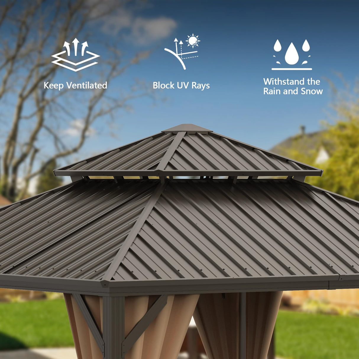 Domi 8’ X 8’ Hardtop Gazebo Canopy with Netting & Curtains, Outdoor Gazebo with Galvanized Steel Double Roof for Patio Lawn and Garden, Brown domi outdoor living