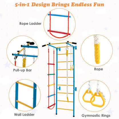 Costzon 5 in 1 Climbing Toys for Toddlers, Indoor Kids Gym for Exercise, Steel Ladder Wall Set with Wall Ladder, Pull-up Bar, Climbing Rope and Gymnastic Rings, Climber Ladder Toys Boys Girls Gift