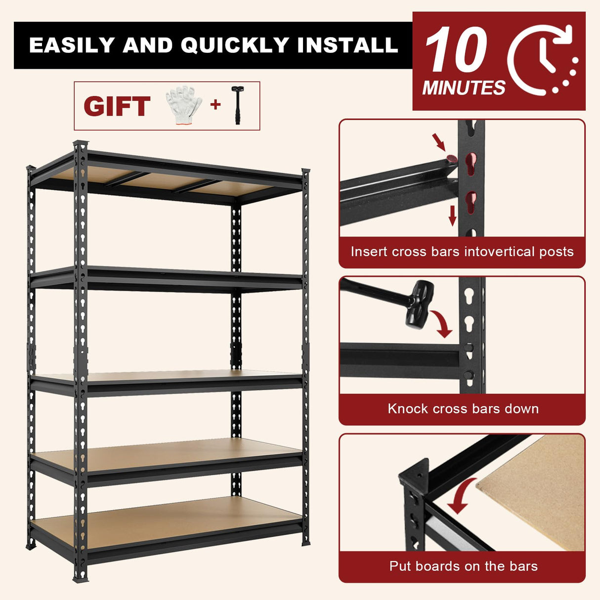 BIG RED 5 Tier Heavy Duty Garage Storage Shelving: Adjustable Metal Utility Shelving Rack for Garage, Basement, Pantry, Closet - 3,000lb Capacity (72"x48"x24") Black BIG RED