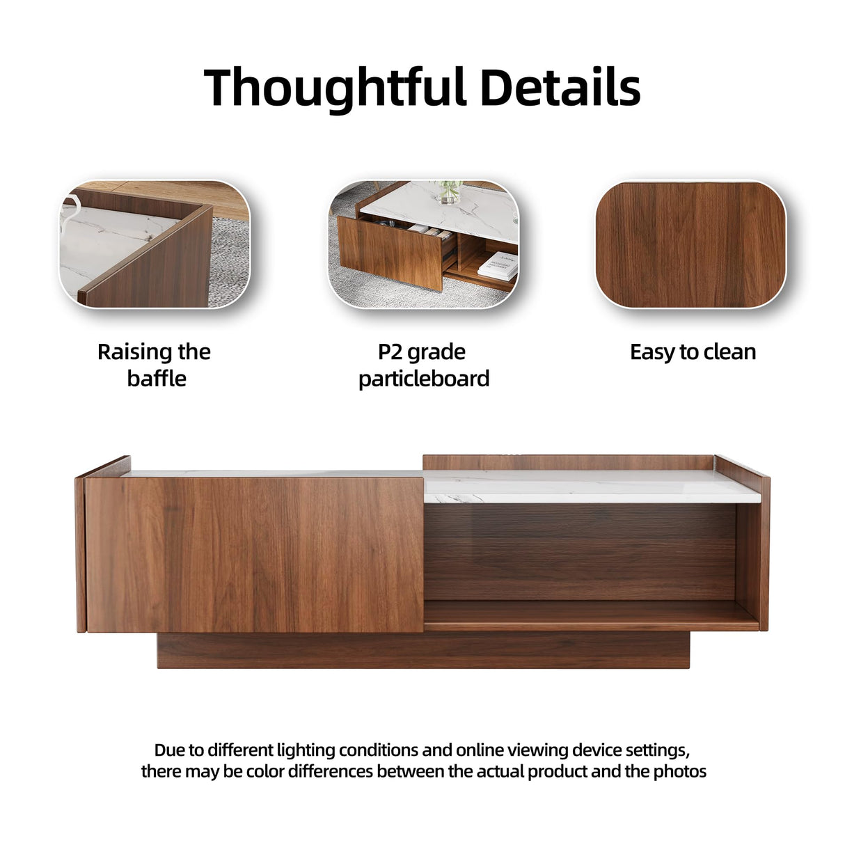 Mid Century Modern Coffee Table, 47.2" LED Rectangle Accent Center Table with 2 Sliding Drawers and Open Display Shelf for Living Room, (Walnut Grain and High Glossy White Marble Color Top Plate) Svimi