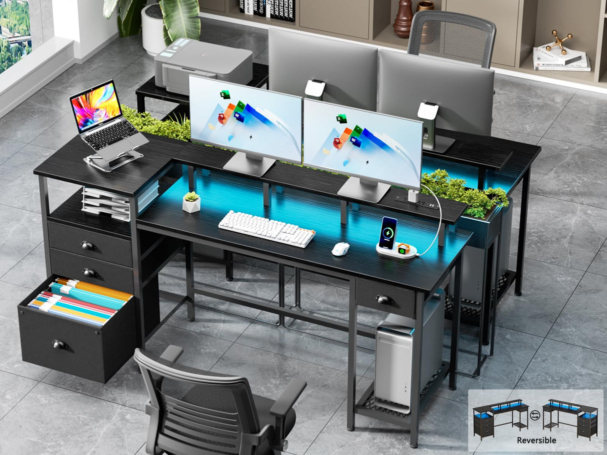 Furologee Black Computer Desk with 4 Drawers, 60" Long Office Desk with Fabric File Cabinet and Power Outlets, Gaming Desk with LED Lights, Study Writing Work Desk for Home Office Furologee