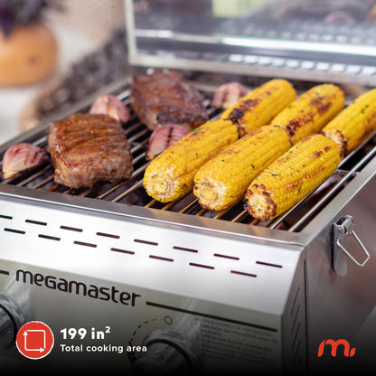 Megamaster Premium Outdoor Cooking 2-Burner Grill, While Camping, Outdoor Kitchen, Patio Garden, Barbecue with Two Foldable legs, Silver in Stainless Steel