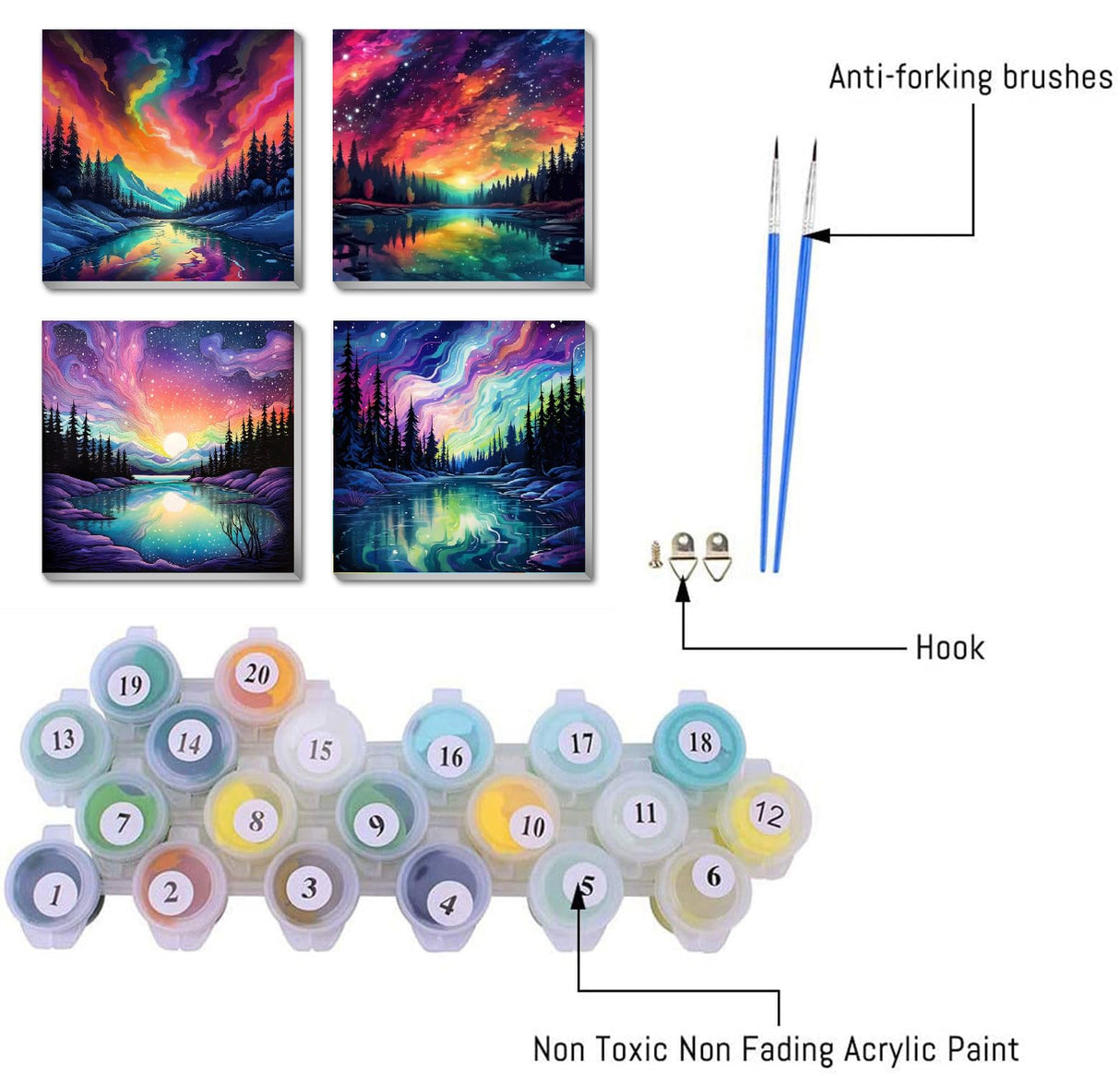 FQOVKYN 4 Pack Landscape Paint by Number for Adults Framed Canvas, DIY Aurora Arts and Crafts for Adults Beginner with Paint Brushes, Acrylic Paint Set for Home Wall Decor, 8 * 8 Inch FQOVKYN