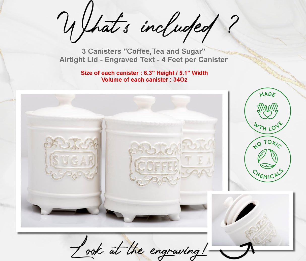 Large 35 Ounce Elegant Ceramic Kitchen Canisters Set of 3 - Beautifully Engraved Coffee Tea Sugar Storage Containers Airtight with Feet for Added Style and Stability - Ceramic Jar with Airtight Lid 25DOL