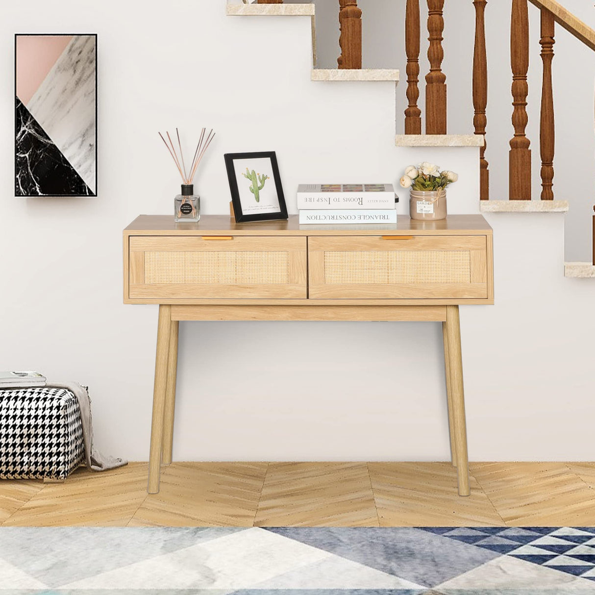 DOALBUN OKL 39" Console Table, Oak Entryway Table with 2 Rattan Drawers, Sofa Table with Wood Frame and Bamboo Storage Shelf, Rustic Hallway Table for Living Room Foyer Entryway (Natural) DOALBUN