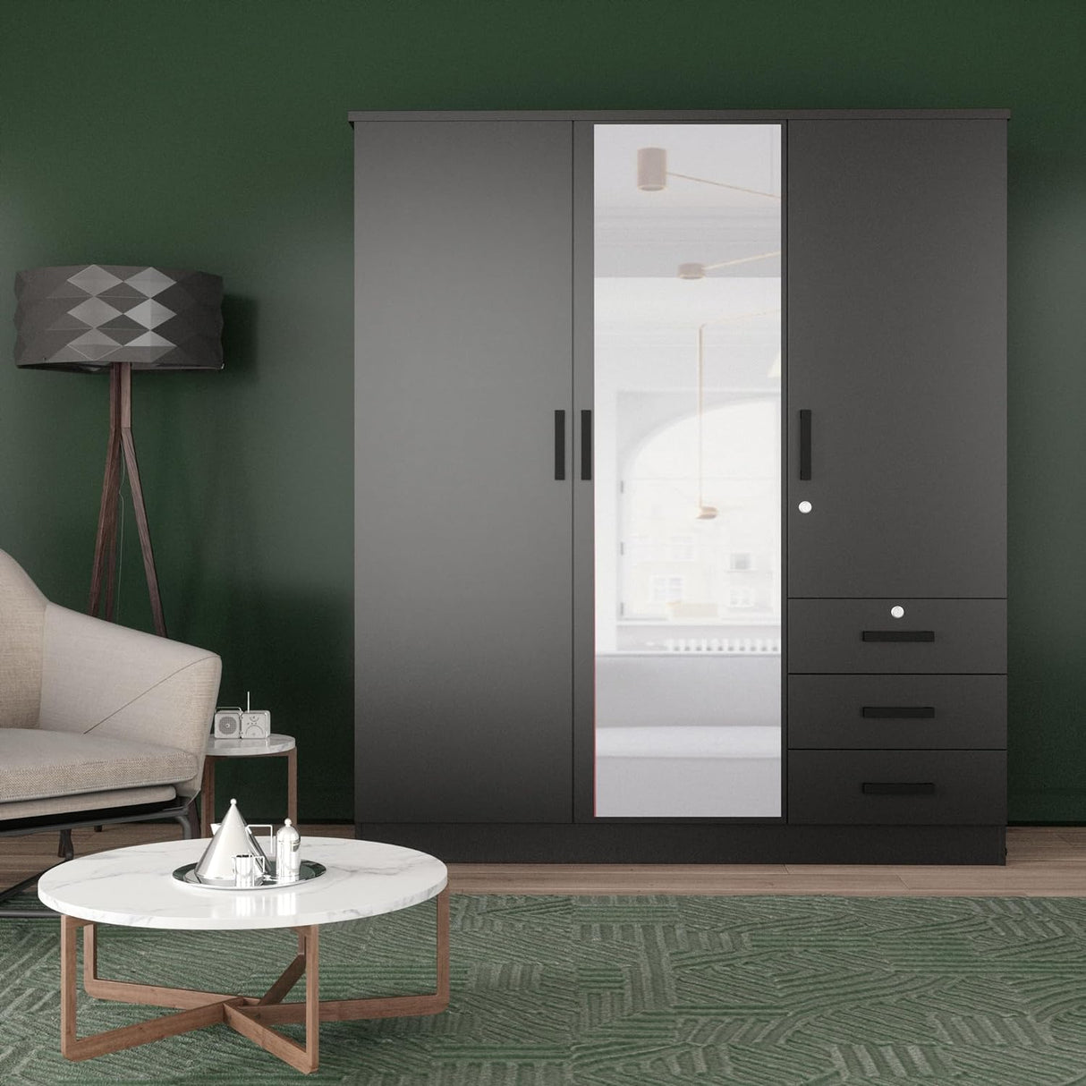 Jumbo 61" Wardrobe Large Mirror Door Closet 3 Doors and 3 Drawers Built for Storage Woodpeckers Furniture And Mattress