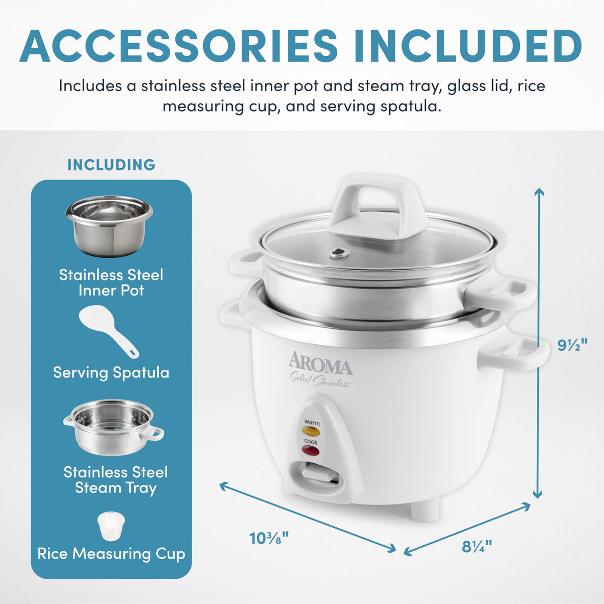 Aroma Housewares 6-Cup (Cooked yield ) / 1.2Qt. Select Stainless Pot-Style Rice Cooker, & Food Steamer, One-Touch Operation, White AROMA