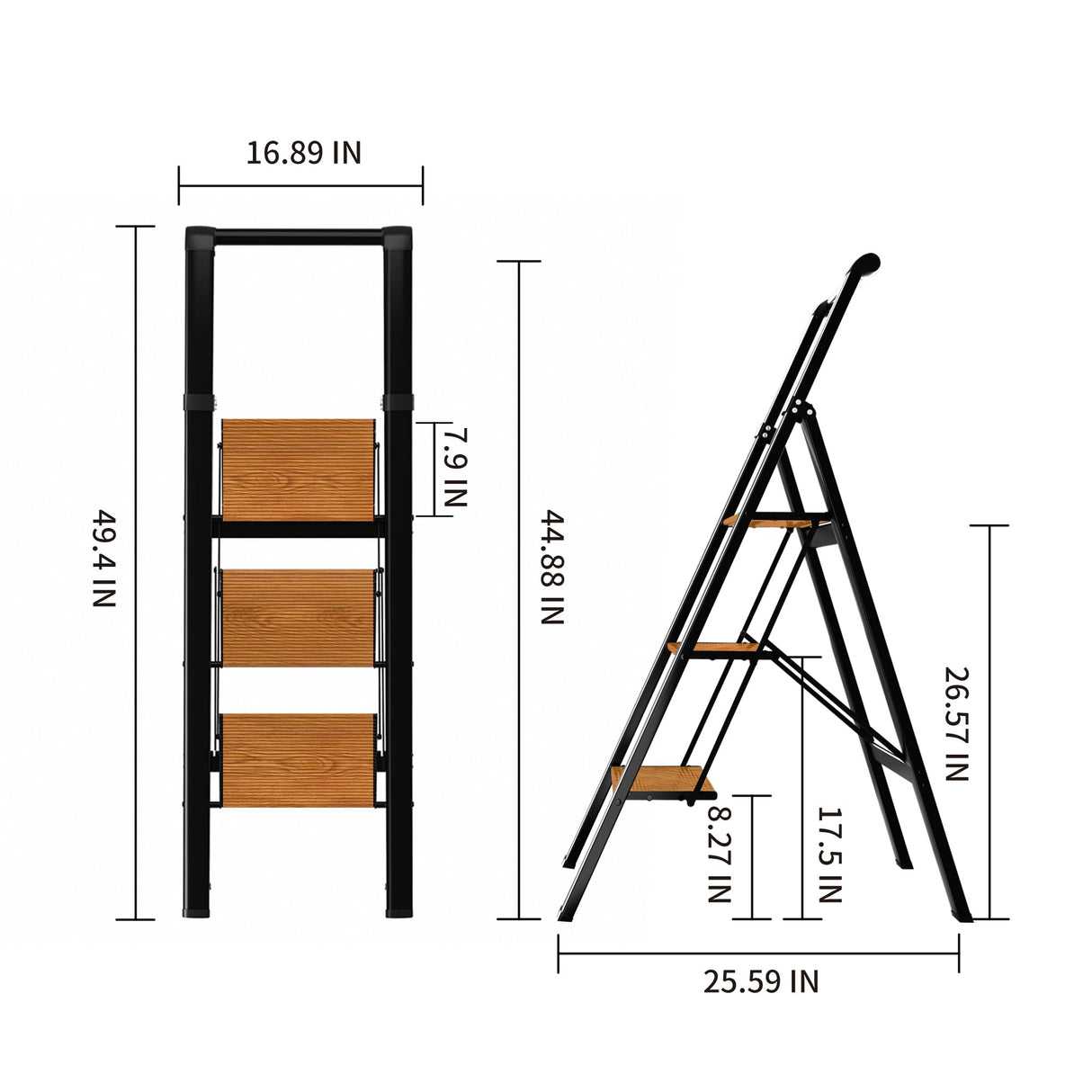 3 Step Ladder, Folding Step Stool with Aluminum Wide Pedal& Convenient Handgrip, 330lbs Capacity Steel Ladder for Household and Office (Black & Woodgrain) BEFITMACE