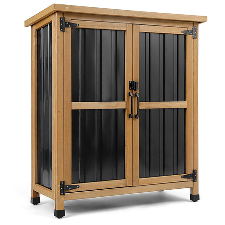 Weatherproof Outdoor Storage Cabinet with Lockable Doors, Wood & Metal Garden Storage Shed Patio Storage Box for Tools & Lawn Equipment, Pool Accessories PetsCosset