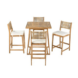 Merax 5 Pieces Acacia Wood Outdoor Patio Bar Set with Modern Boho Bar Height Chair Bar Table, 4 Bar Chairs with Soft Seat Cushions, Rattan Dining Bar Set for Garden, Backyard, Poolside and Balcony Merax