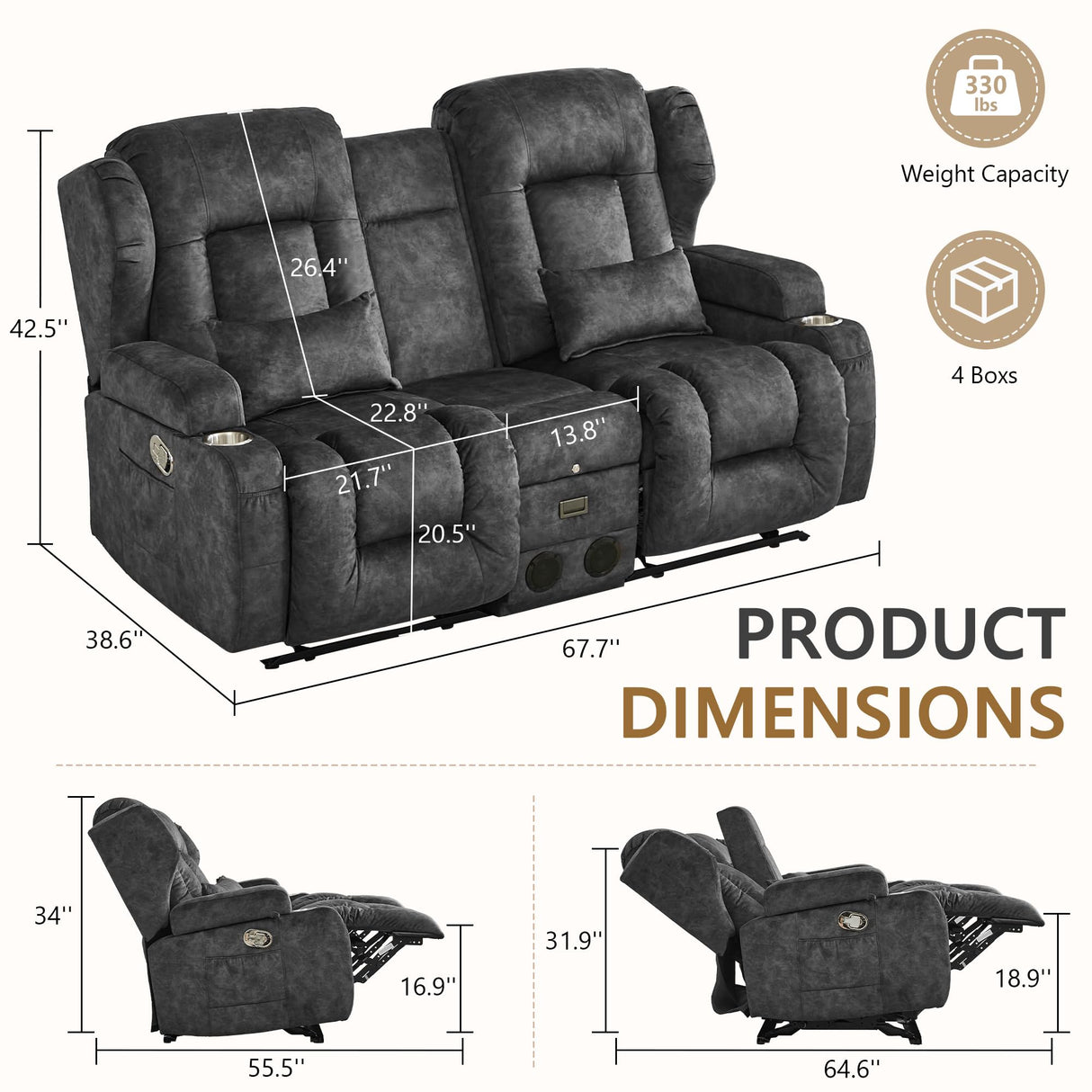 URRED Loveseat Rocker Recliner Sofa with Console, Manual Reclining Loveseat RV Couch Double Rocking Chair Nursery with Cup Holders, Side Pocket, Bluetooth Speaker, USB, Outlets (Grey) URRED