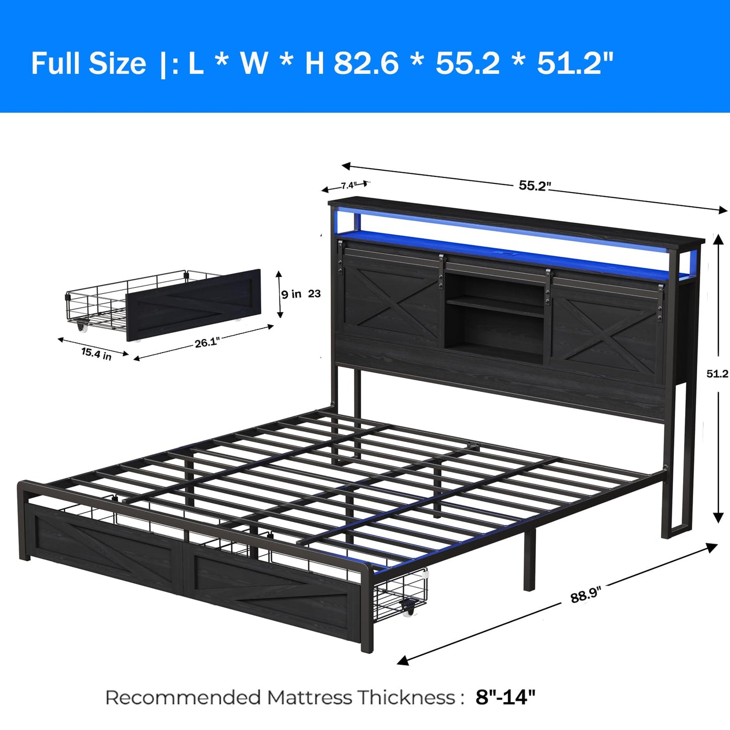 Ailisite Farmhouse Wood Full Size Bed Frame with Storage Drawers and Bookcase Headboard, Sliding Barn Door Led Storage Headboard & Charging Station,Black Platform Bed with Storage,No Box Spri - WoodArtSupply