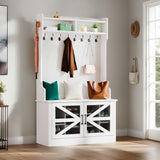 GOOBED Wide Hall Tree with 10 Shoe Cubbies & 10 Coat Hooks, 42" W Coat Rack with Entryway Bench, Shoe Storage Cabinet with Adjustable Shelves for Hallway (White) GOOBED