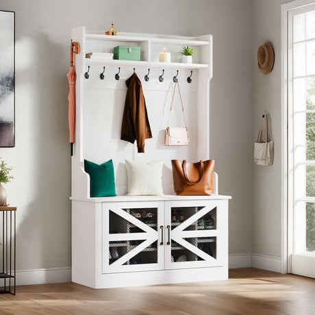 GOOBED Wide Hall Tree with 10 Shoe Cubbies & 10 Coat Hooks, 42" W Coat Rack with Entryway Bench, Shoe Storage Cabinet with Adjustable Shelves for Hallway (White) GOOBED