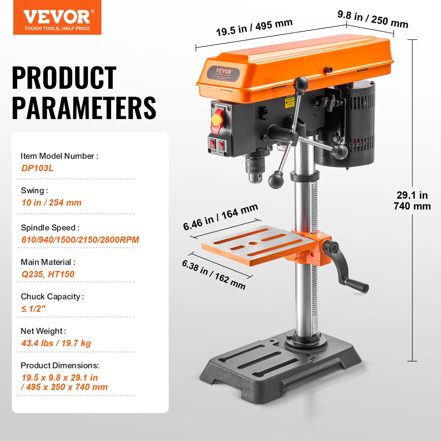 VEVOR 10 in Benchtop Drill Press, 6.2A Induction Motor, Tabletop Drilling Machine with 610/940 / 1500/2150 / 2800 RPM Adjustable Speed, 0-45° Tilting Worktable, LED Work Light, for Wood Metal - WoodArtSupply