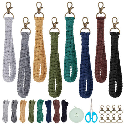 INFUNLY 8 Sets Macrame DIY Wristlet Keychain Kits with Update Instruction Macrame Cord Knotting Kits for Adults Beginners Boho Macrame Keychain Kit Includes Key Rings for Key Gift Macrame Beginners