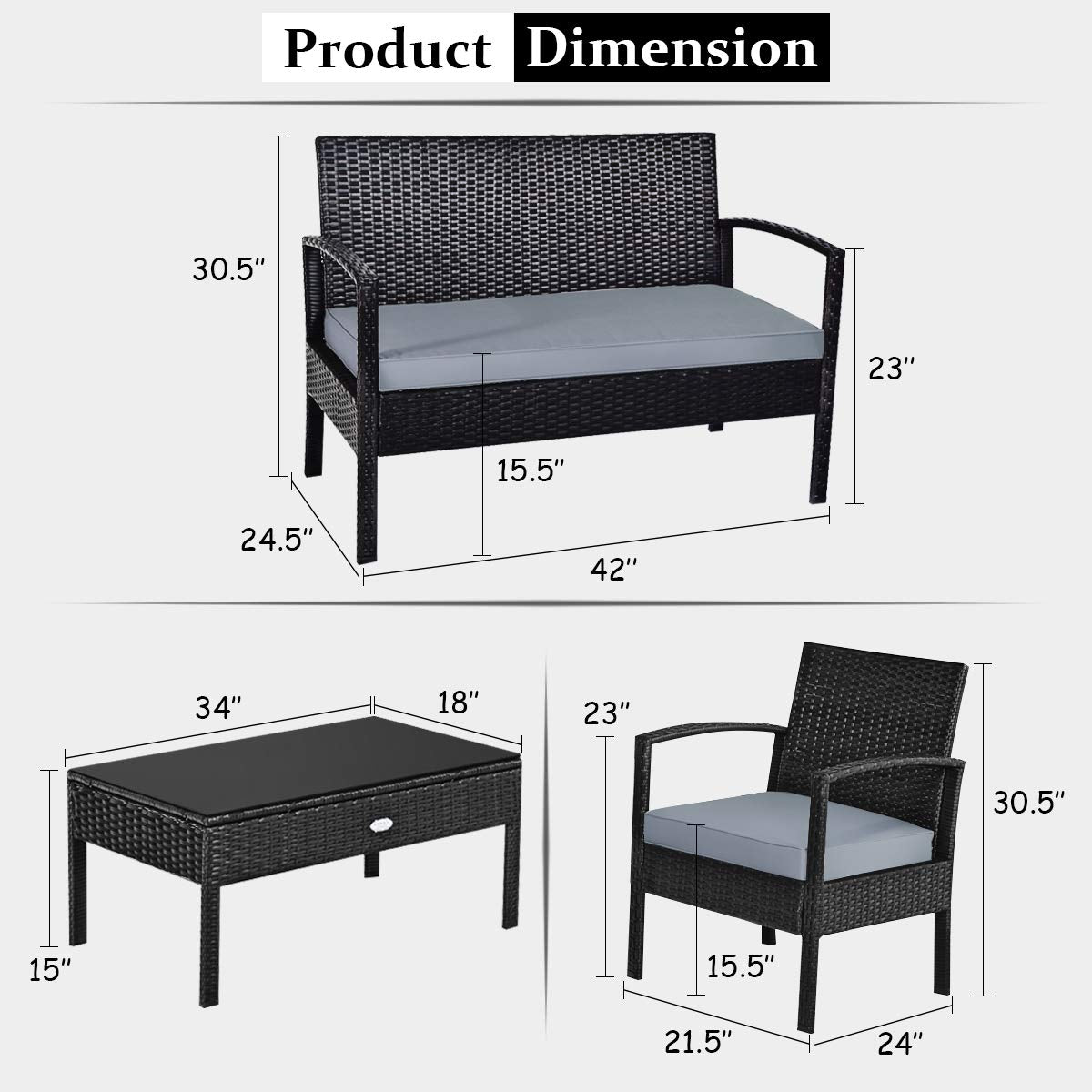 COSTWAY 4PCS Patio Rattan Furniture Set, Outdoor Wicker Conversation Set with Tempered Glass Coffee Table, Seat Cushions, Ideal for Poolside Balcony Porch Backyard - WoodArtSupply