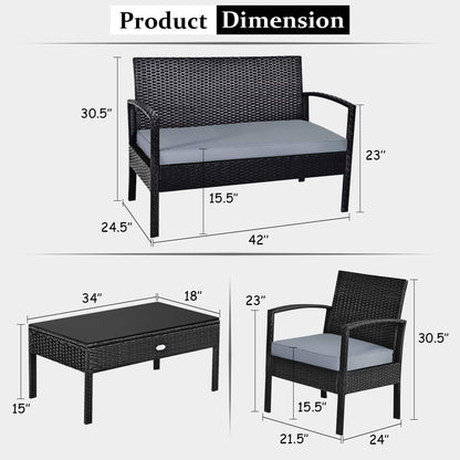 COSTWAY 4PCS Patio Rattan Furniture Set, Outdoor Wicker Conversation Set with Tempered Glass Coffee Table, Seat Cushions, Ideal for Poolside Balcony Porch Backyard - WoodArtSupply