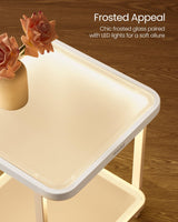 VASAGLE End Table, 2-Tier Side Table with LED Lights, Modern Nightstand, Square Bedside Table, Frosted Glass, Bottom Shelf, for Bedroom, Cloud White and Pearl White ULET232W01 VASAGLE