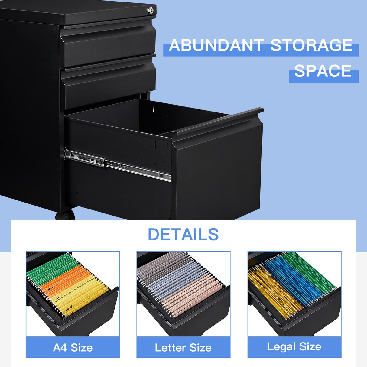 Yizosh 3 Drawer Mobile File Cabinet with Lock, Black Under Desk Rolling Filing Cabinet, Metal Locking File Cabinet on Wheels for Legal/Letter/A4 File (Full Assemble) Yizosh