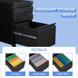 Yizosh 3 Drawer Mobile File Cabinet with Lock, Black Under Desk Rolling Filing Cabinet, Metal Locking File Cabinet on Wheels for Legal/Letter/A4 File (Full Assemble) Yizosh