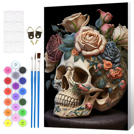 HEIBAGO Halloween Framed Paint by Numbers Kit for Adults, Skull Paint by Numbers for Beginner, Skeleton Adult Paint by Number Kits on Canvas, Painting by Numbers for Gift Home Wall Decor 12 * 16 inch HEIBAGO