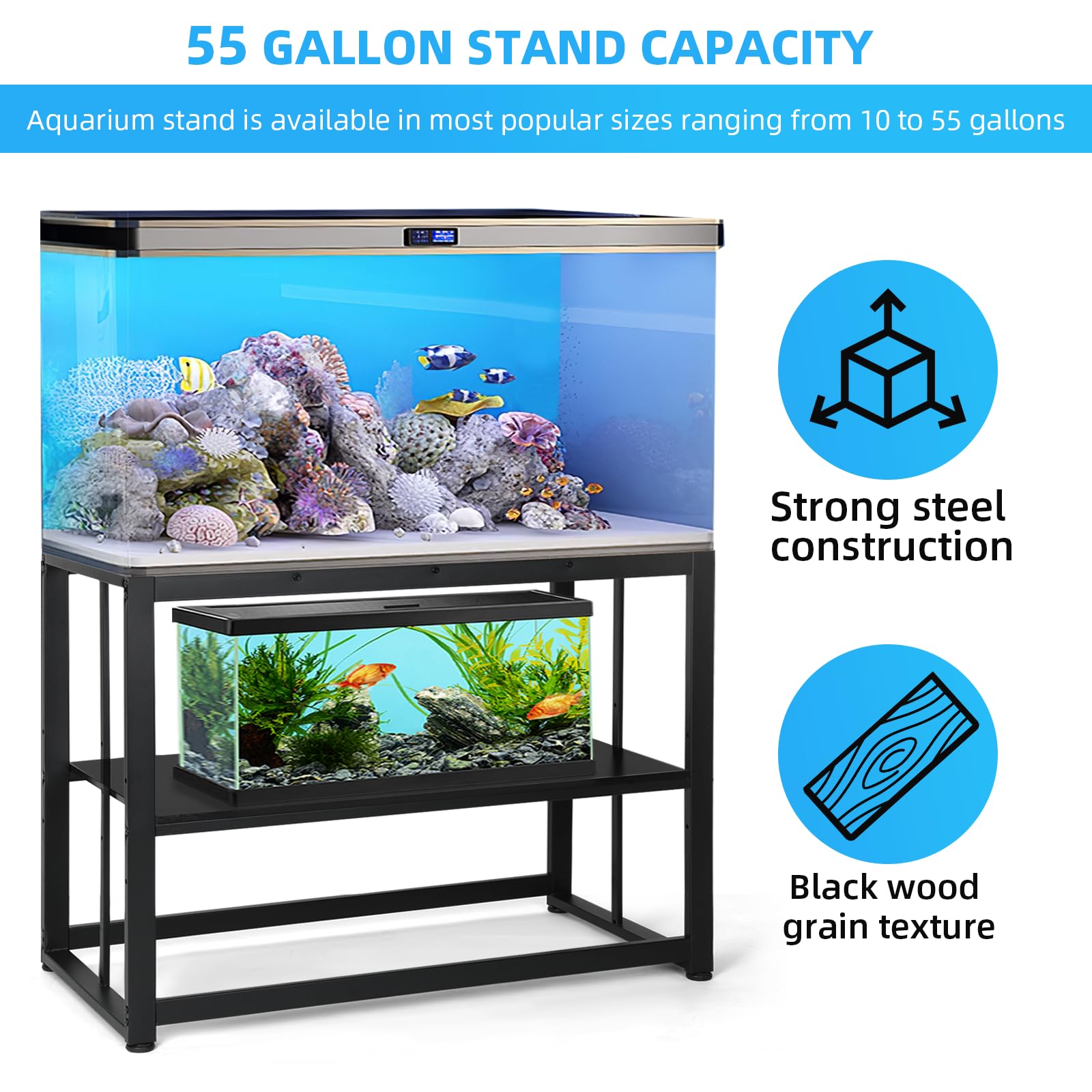 VOWNER 55-75 Gallon Fish Tank Stand - Metal Aquarium Stand, 48.4" x 14.9" x 29.5" Heavy Duty Reptile Tank Stand, Adjustable 2-Tier Fish Tank Rack Shelf for Home Office, Tank not Included, Bla - WoodArtSupply