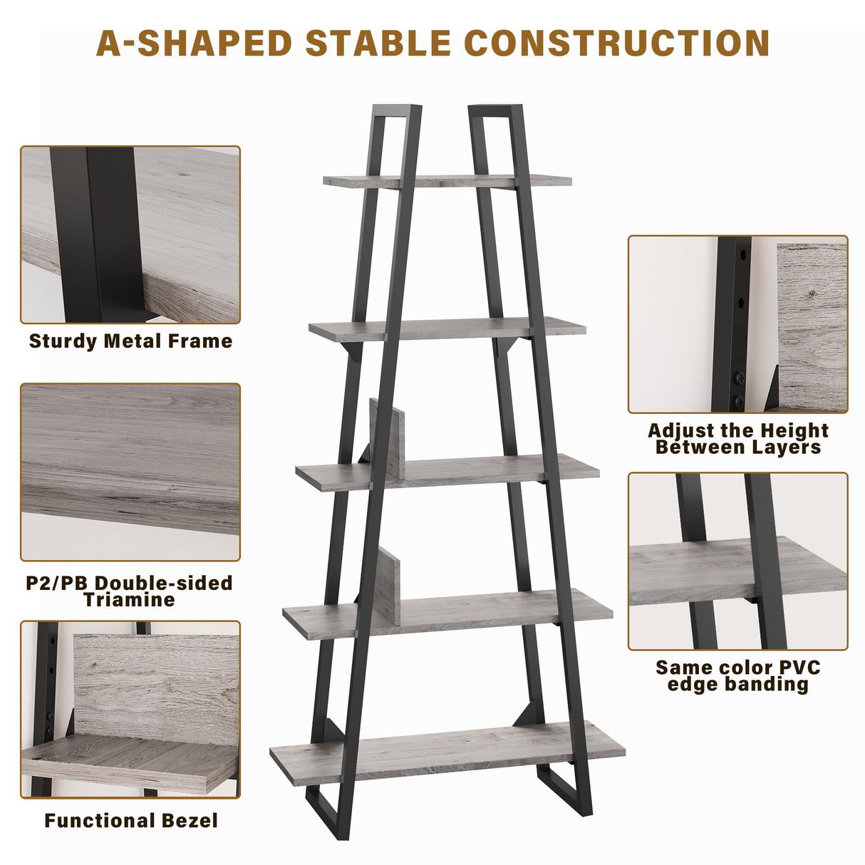 IDEALHOUSE 72" Book Shelf with Metal Frame, A-Shape Ladder Shelf with 5-Tier Wood Adjustable Shelves, Industrial Bookcase with Function Bezel for Home Living Room Bedroom Office Storage, Grey IDEALHOUSE