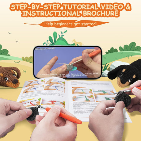 Crochet Kit for Beginners - 2 PCS Dachshund Crochet Kits with Step-by-Step Video Tutorials, Beginner Crochet Kit for Adults, Crochet Animal Kit for Kids, Dog Crocheting Set (Brown & Black) Fortuning's JDS