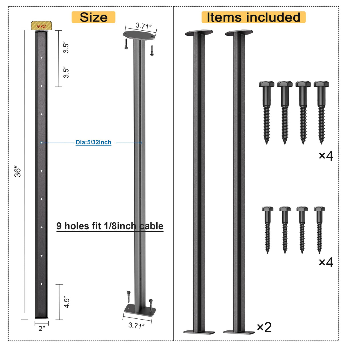 Deck Man 2 Pack Stainless Steel Pre-drilled Intermediate Post/Studdle Pickets for 1/8" Deck Cable Railing, Level Cable Railing Fittings (2, Black, 36 inch) Deck Man