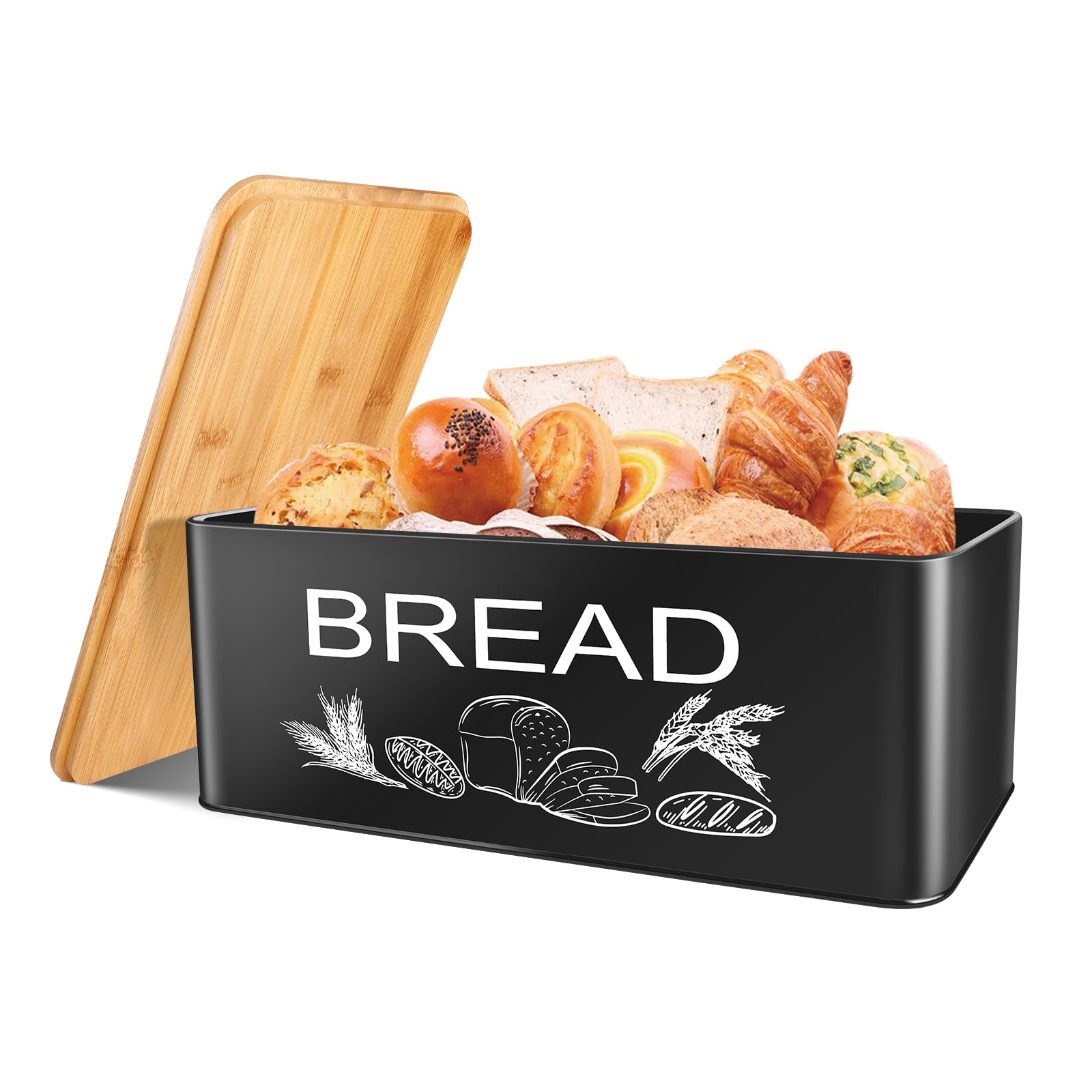 JIGUOOR Black Bread Box, Large Space Saving Vertical Metal Bread Box with Wooden Cutting Board Lid, Holds 2+ Loaves, Farmhouse Bread Bins for Kitchen Bread Storage,Kitchen Parts Box - WoodArtSupply