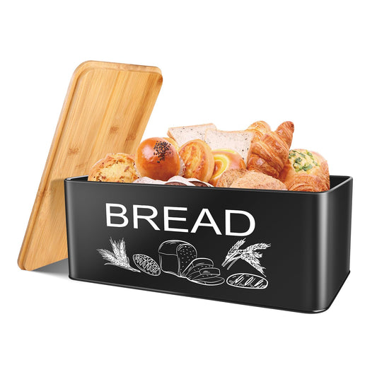 JIGUOOR Black Bread Box, Large Space Saving Vertical Metal Bread Box with Wooden Cutting Board Lid, Holds 2+ Loaves, Farmhouse Bread Bins for Kitchen Bread Storage,Kitchen Parts Box - WoodArtSupply