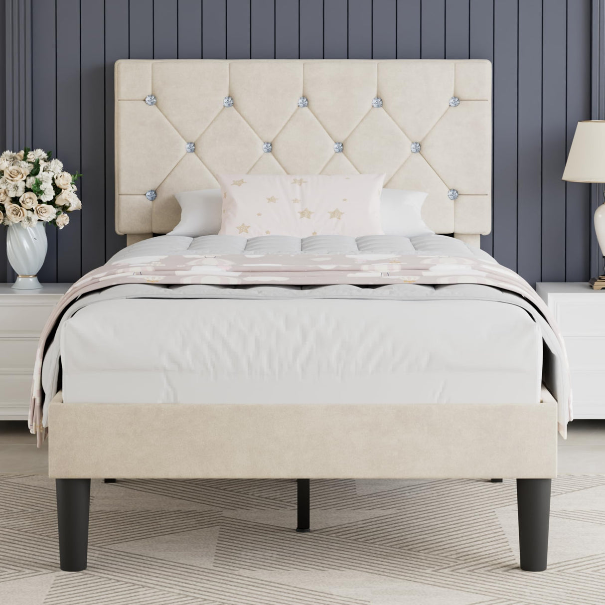 VECELO Twin Size Bed Frame, Upholstered Platform with Adjustable Diamond Tufted Headboard, Wood Slat Support, No Box Spring Needed, Pala Beige VECELO