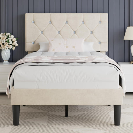 VECELO Twin Size Bed Frame, Upholstered Platform with Adjustable Diamond Tufted Headboard, Wood Slat Support, No Box Spring Needed, Pala Beige VECELO