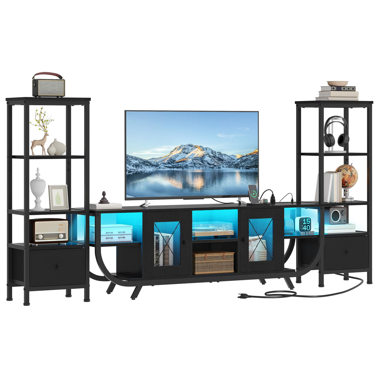 YITAHOME TV Stands for Living Room, LED TV Stand for 65 inch TV Entertainment Center with 2 Bookshelves, Modern Farmhouse TV Console Cabinet with Power Outlets, Black YITAHOME